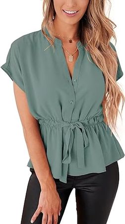 Womens Button Down Blouses Casual Peplum Summer Tops Dressy Chiffon Work Blouse at Amazon Women’s Clothing store