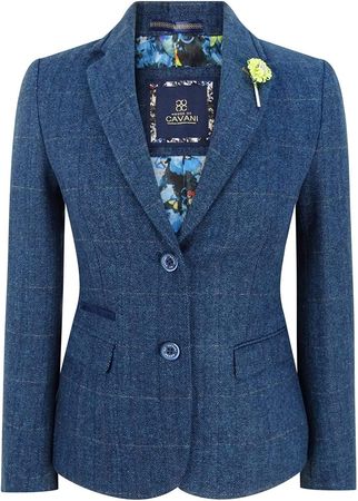Women Navy Blue Blazer Tweed Check 1920's Tailored Fit Vintage