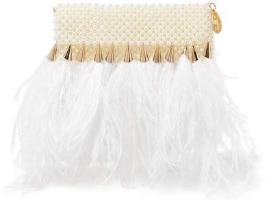 Feather-trimmed Faux Pearl Clutch - White