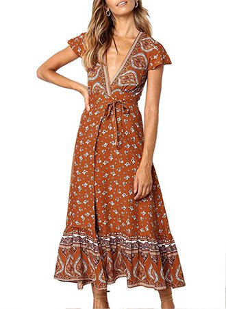 ZESICA Women's Bohemian Floral Printed Wrap V Neck Short Sleeve Split Beach Party Maxi Dress at Amazon Women’s Clothing store