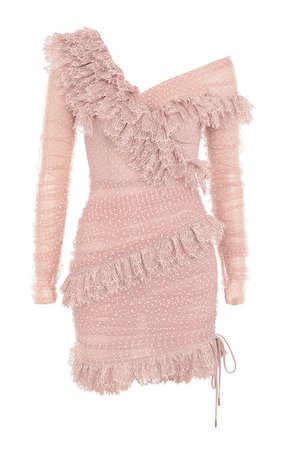Clothing : Bodycon Dresses : 'Sorrel' Blush Lace Frill Mini Dress