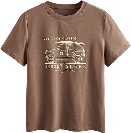 SOLY HUX Women's Car & Letter Graphic Print T-Shirt Casual Summer Short Sleeve Top Rust XL at Amazon Women’s Clothing store