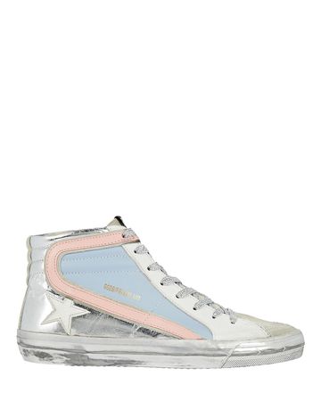 Golden Goose Slide Leather High-Top Sneakers in Silver | INTERMIX®