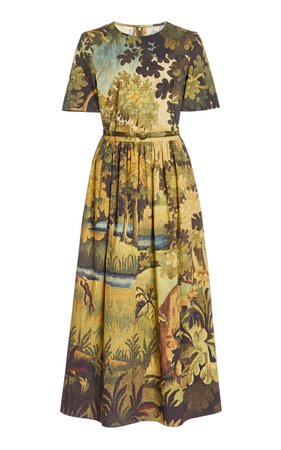 Belted Printed Cotton Midi Dress by Oscar de la Renta | Moda Operandi