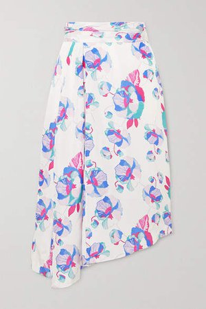 Javenia Asymmetric Floral-print Silk Midi Skirt - Blue