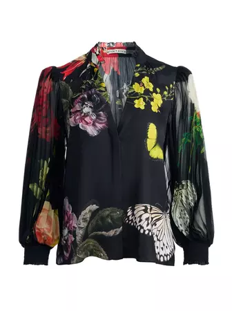 Ilan Pleated Blouson Sleeve Button Front Blouse In Essential Floral | Alice And Olivia