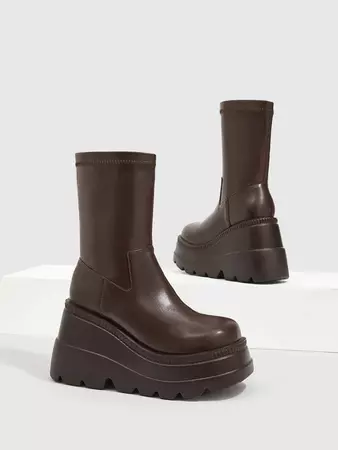 CUCCOO Trending Square Toe Slip On Wedge Boots | SHEIN USA