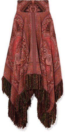 Fringed Asymmetric Wool-jacquard Midi Skirt - Red