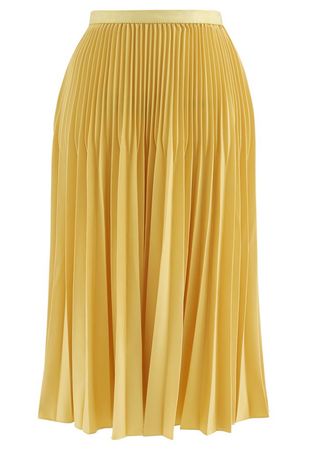 Solid Color Pleated A-Line Midi Skirt in Mustard - Retro, Indie and Unique Fashion