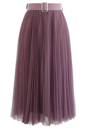 Full Pleated Double-Layered Mesh Midi Skirt in Berry - Retro, Indie and Unique Fashion