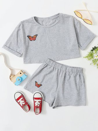 Girls Cuffed Butterfly Print Top & Shorts Set | SHEIN USA