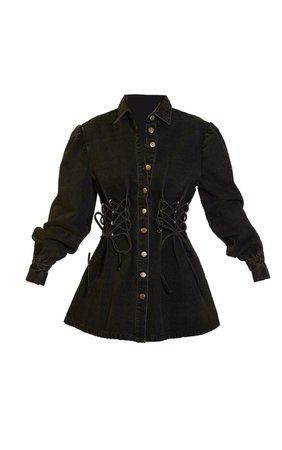 Washed Black Lace Front Long Sleeve Denim Dress | PrettyLittleThing USA