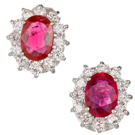 GIA Certified 2.88 Carat Bright Red Oval Ruby Diamond Gold Stud Earrings For Sale at 1stdibs