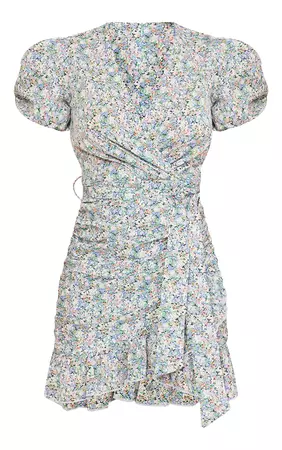 Blue Floral Chiffon Puff Sleeve Bodycon Dress | PrettyLittleThing CA