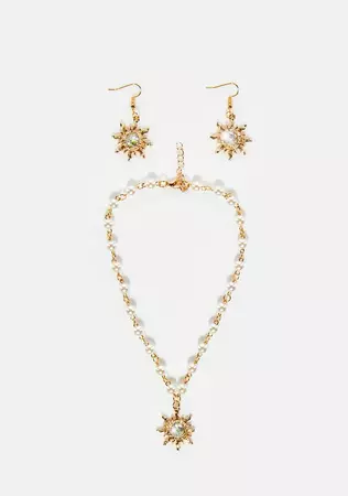 Pearl Sun Necklace Drop Earring Set - Gold/White – Dolls Kill