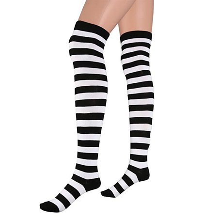 Womens Extra Long Striped Socks(Over Knee High Opaque Stockings) black&white