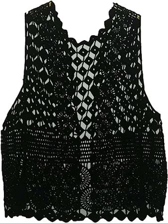SeekMe Floral Crochet Lace Trim Sleeveless Hollow Out Open Front Vest Cardigan(0186-Black-OneSize-FY) at Amazon Women’s Clothing store