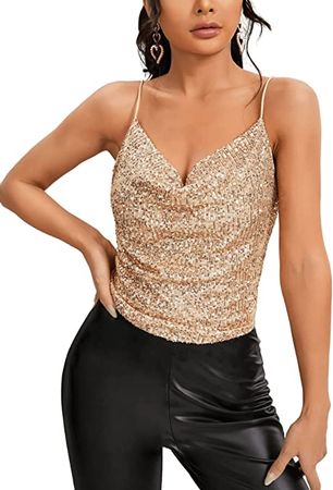 SweatyRocks Women's Sleeveless Sparkle Sequin Cami Crop Top Spaghetti Strap Party Tops at Amazon Women’s Clothing store