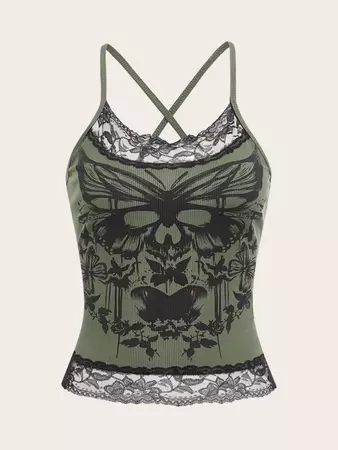 Is That The New Butterfly & Skull Graphic Contrast Lace Cami Top ??| ROMWE USA