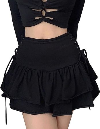 Amazon.com: Women Black Y2K Mini Skirt Ruffle Lace Up Short Skirt Gothic Flare A Line Skirt High Waist Punk Party Skirt for Ladies Teen Girls S : Clothing, Shoes & Jewelry