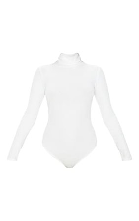 White Brushed Rib Roll Neck Long Sleeve Bodysuit | PrettyLittleThing
