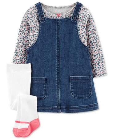 Carter's Baby Girls 3-Pc. Floral-Print T-Shirt, Denim Jumper & Footed Tights Set & Reviews - Sets & Outfits - Kids - Macy's