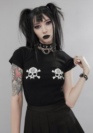 Widow Embroidered Skull & Crossbones Baby Tee - Black | Dolls Kill