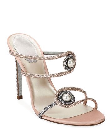 Rene Caovilla Pearly Embellished High-Heel Satin Sandals | Neiman Marcus