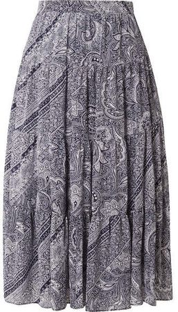 Pleated Printed Crepe Skirt - Blue