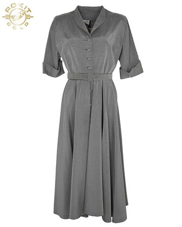 50s 'A Dress Town Original' Grey Striped Dress - S Grey £145 | Rokit Vintage Clothing
