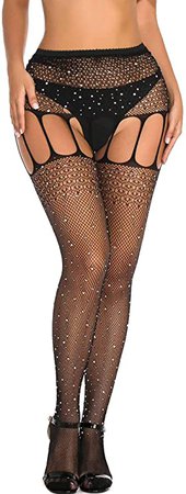 ELABEST Bling Crystal Fishnet Stockings Black Jeweled High Waist Tights Sparkly Rhinestone Hollow Out Pantyhose for Women at Amazon Women’s Clothing store