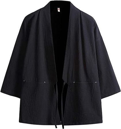 Haseil Men's Kimono Cardigan Japanese Jackets Casual Cotton 3/4 Sleeve Shirt Open Front Coat Lightweight Linen Yukata, Black, Tagsize XL=USsize M at Amazon Men’s Clothing store