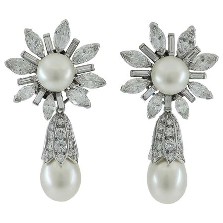 Van Cleef and Arpels Diamond Natural Saltwater Pearl Platinum Earrings For Sale at 1stDibs