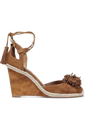 Sunshine pompom-embellished suede wedge sandals | AQUAZZURA | Sale up to 70% off | THE OUTNET
