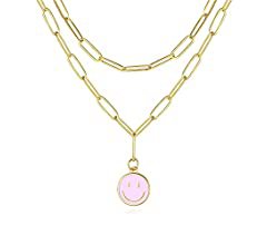 Amazon.com: Smiley Face Necklaces,Gold Stainless Steel Paperclip Chain Simple Round Smile Necklace Preppy Jewelry for Women (Dark Pink Layer): Clothing, Shoes & Jewelry