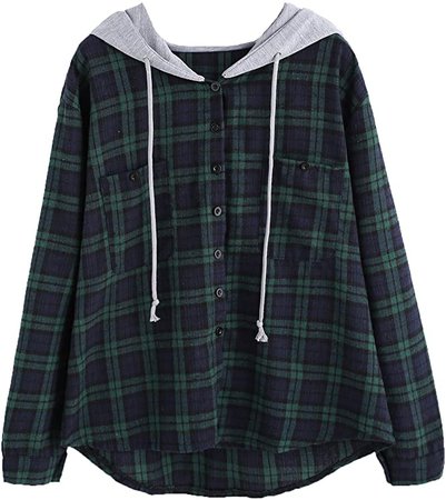 SweatyRocks Women's Long Sleeve Plaid Hoodie Jacket Button Down Blouse Tops Dark Red L at Amazon Women’s Clothing store