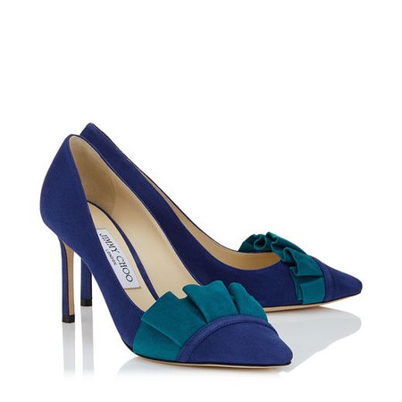 Pop Blue Suede Pump with Teal Suede Frill | LEENA 85 | Cruise 19 | JIMMY CHOO