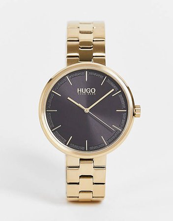 Hugo – Armbanduhr für Damen in Gold mit schwarzem Zifferblatt, 1540102 | ASOS
