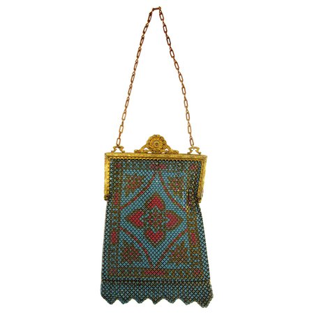 1920's Teal and Coral Mandalian MFG Painted Flat Mesh Purse For Sale at 1stDibs