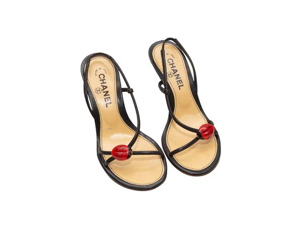 Chanel Black and Red Ladybug Heeled Sandals For Sale at 1stDibs