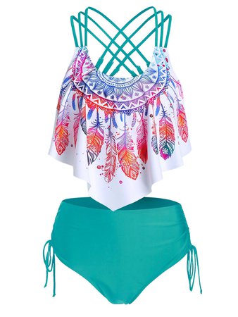 [39% OFF] 2021 Feather Print Strappy Cinched Tankini Swimwear In MEDIUM TURQUOISE | DressLily