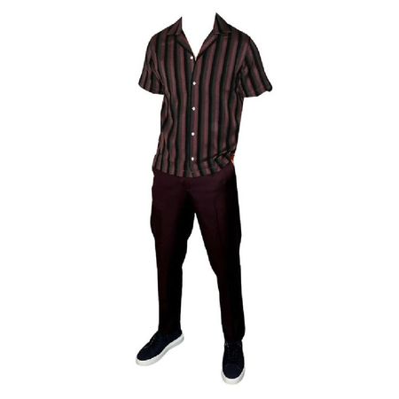 green black red striped button down up shirt dark pants slip on shoes full outfit png