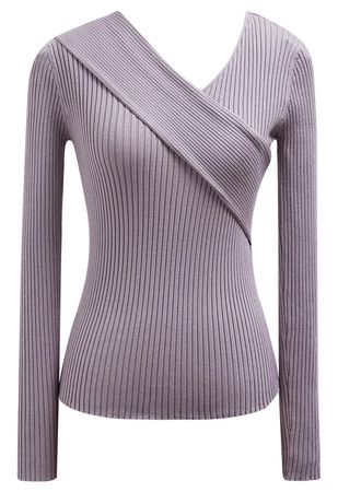 Crisscross Full Ribbed Knit Top in Mauve - Retro, Indie and Unique Fashion