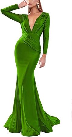 Amazon.com: Meowmming Women's V Neck Mermaid Evening Dresses Satin Long Sleeves Bridesmaid Dress : Clothing, Shoes & Jewelry
