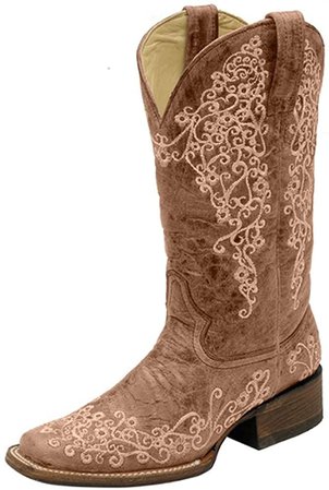 Amazon.com | Furcross Womens Sunflower Embroidered Cowboy Cowgirl Boots Square Toe Retro Mid Calf Chunky Heel Boots | Mid-Calf