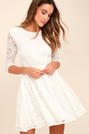 Lovely White Dress - Lace Dress - Skater Dress