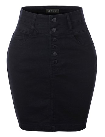 LE3NO Womens Casual High Waist Exposed Button Fly Denim Jean Pencil Skirt | LE3NO black