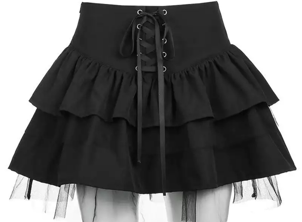 HOUZHOU Goth Ruffle Mini Skirt Women Mesh Patchwork Fairy Grunge Black High Waist Lace-up Puffy Gothic Skirt E Girl Streetwear