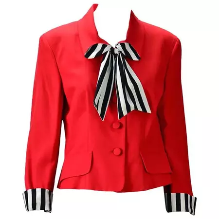 Moschino "Cheap and Chic" Red Blazer with Black/White Striped Bow - MRS Couture
