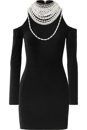 Balmain | Cold-shoulder pearl and crystal-embellished stretch-velvet mini dress | NET-A-PORTER.COM